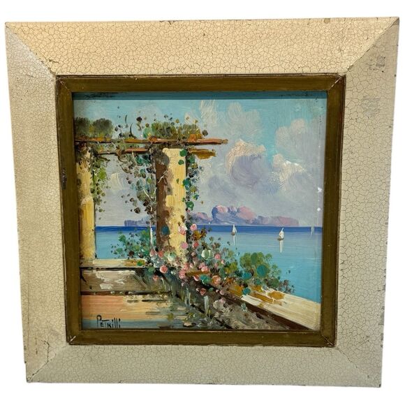Vintage Enzo Petrilli 6″ Oil Painting on Tile – Italian Seaside Café (Framed) - Picture 2 of 16